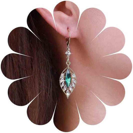 Vintage Emerald Leaf Earrings Rhinestone Leaf Drop Earrings Green Emerald Dangle Earrings Gold Crystal Leaf Hoop Earrings Jewelry for Women