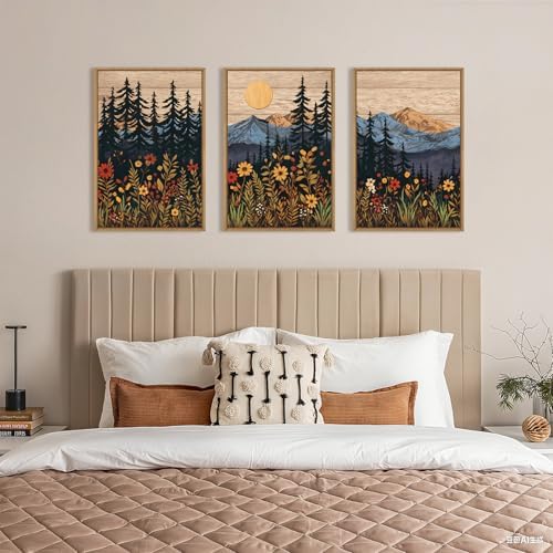 HOURIA Mid Century Woodland Mountain Framed Canvas Wall Art Set-24"x36"x3 - Image 5