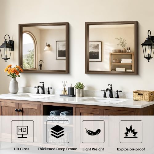Bathroom Mirror, 24 x 24 inch Walnut Wood Grain Colored Aluminum Metal Frame - Image 3