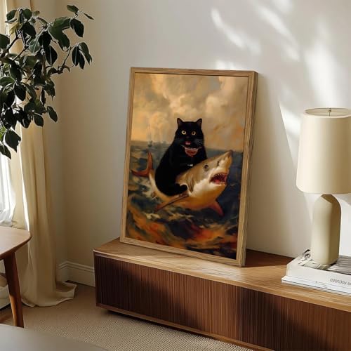 Funny Black Cat Riding Shark Wall Art Whimsical Bar Cart Wall Decor Picture - Image 5