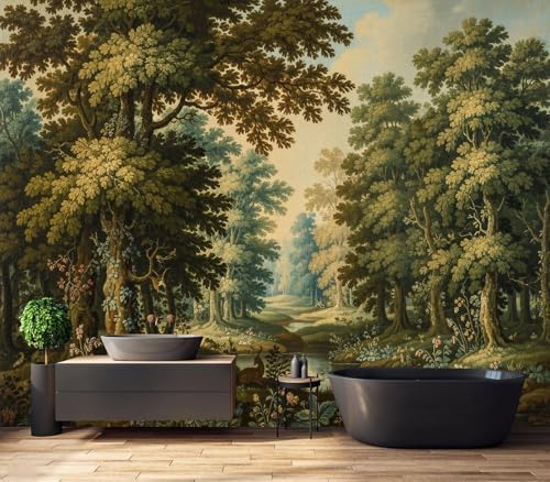 Vintage Rustic Forest River Deer Landscape Wallpaper - Image 2