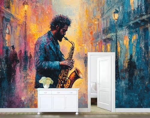 Colorful Wallpaper Mural for Home OfficeSaxophonist in Street Oil Painting - Image 4