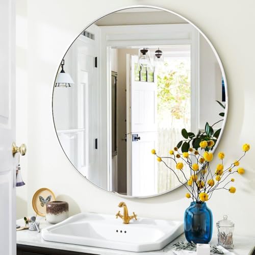 VooBang Silver Round Bathroom Mirror 24", Thin Metal Frame Wall Mirror by VooBang