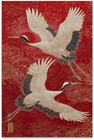 Retro Japanese Canvas Wall Art Funny Oriental Crane Posters Red And Gold Bird by Unknown