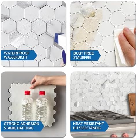 Peel and Stick Backsplash Hexagon Marble Tiles White Silver 10pcs - Image 6