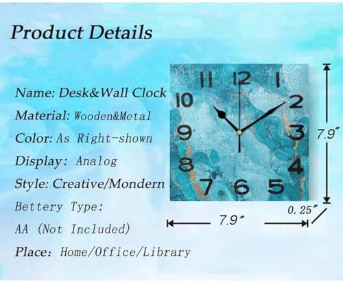 Moderate 8 Inch Square Wall Clock, Beautiful Turquoise Marble Ink Non Ticking - Image 3