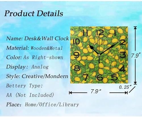 Luxuriant Lemon Green Leaves Square Wall Clock, 8 Inch Standard Non Ticking - Image 3