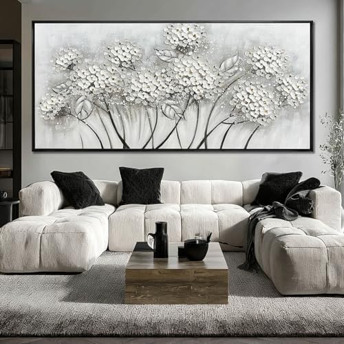 Kureful Grey and White Hand Painted Wall Art Flower Canvas Artwork Contemporary - Image 5