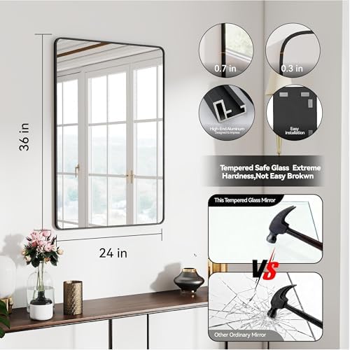 36x24 Bathroom Mirror Rect Wall Mounted Aluminum Metal Frame Black - Image 2