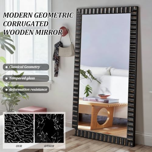 Modern Wooden Black Bedroom Mirror, Rectangular Relief Frame, Tempered Glass - Image 3