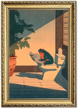 Funny Frog Bathroom Wall Art, Cute Japanese Frog in Toilet Wall Decor, by YYNISPINWallArt