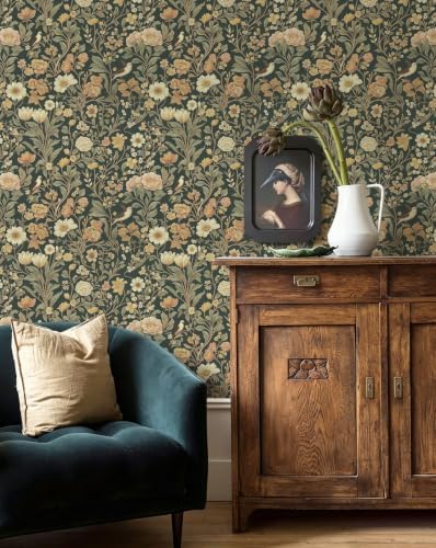 Jeweluck Dark Green Floral Peel and Stick Wallpaper Vintage 16.9" x 196.8" - Image 3