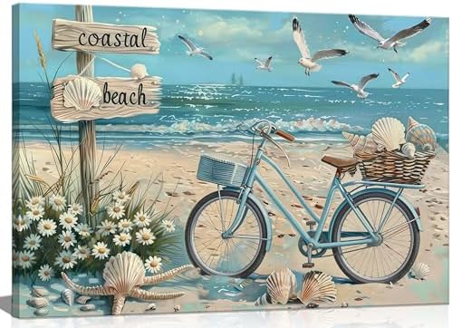 Birnsen Coastal Beach Bicycle Canvas Wall Art Seagull Seashell Daisies Picture by Birnsen