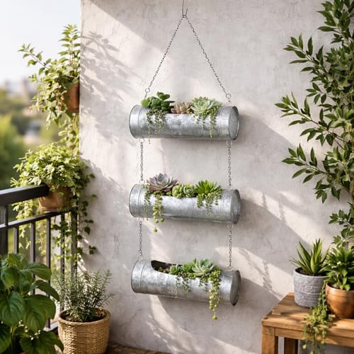 GoCraft Hanging Wall Planter, 3 Tier Galvanized Metal, 12 Inch, Rustic - Image 2