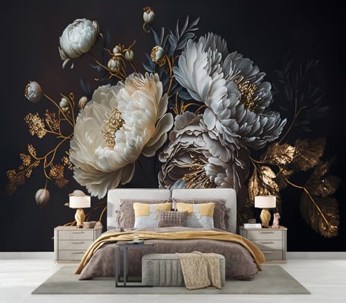 Exquisite Dark White Peony & Gold Floral Wallpaper - Image 3