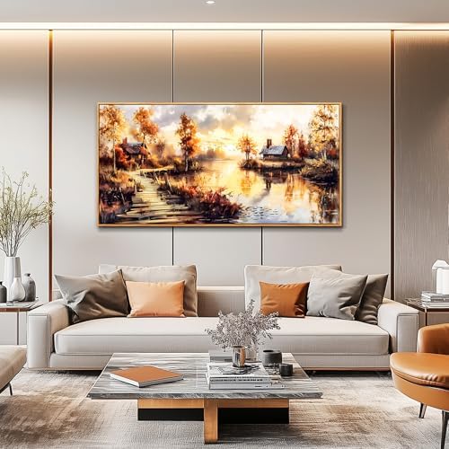 Large Framed Landscape Wall Art, Riverside Meadow Scenery Painting Print - Image 3