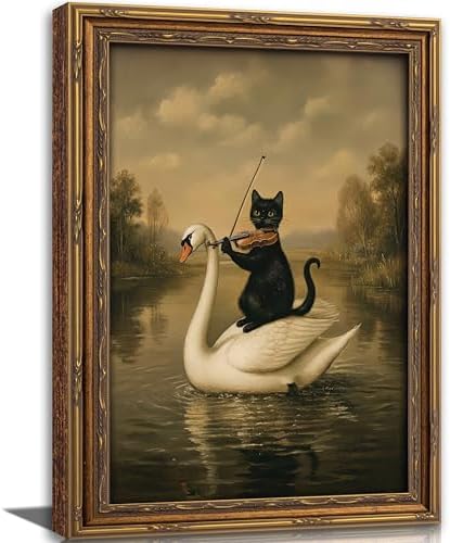 Vintage Gold Framed Black Cat Wall Art, Dark Academia Swan Painting Canvas Print by VintageGoldFramedwallart