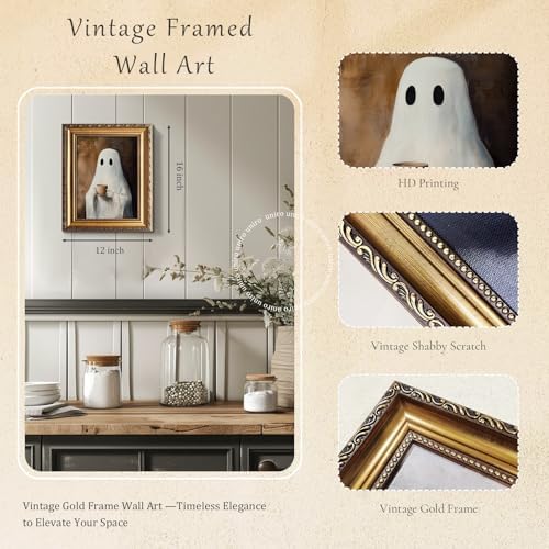 uniro Vintage Gold Framed Wall Art, Vintage Ghost Drinking Coffee Halloween - Image 2