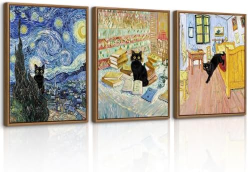WENGTIAO 3Pcs Funny Black Cat Van Gogh Famous Painting Wall Art 12" x16x3 by WENGTIAO