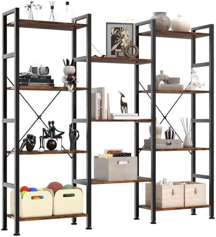 DUMOS Triple Column 4 Tier Bookshelf, Wide Industrial Bookcase by DumosLifestyle