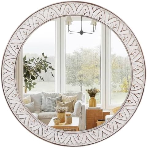 12in Round Mirror Farmhouse Wooden Frame Circle Mirrors, Rustic Decorative by FuxuiwyRoundWallMirror
