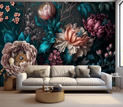 Luxurious 3D Floral Peony Teal Leaves Wallpaper Peel Stick by Cliouar
