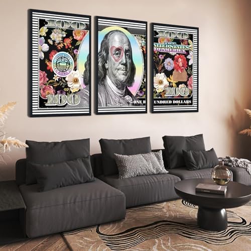 Black Framed Wall Art Canvas Money 100 Dollar Flowers Painting 3 Panels - Image 2