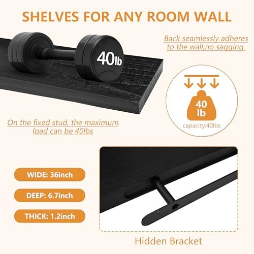 ROGMARS Black Floating Shelves for Wall 36 inch Rustic Solid Wood - Image 7