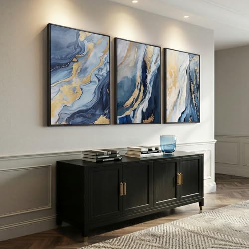Large Framed Blue and Gold Abstract Wall Art - Image 2