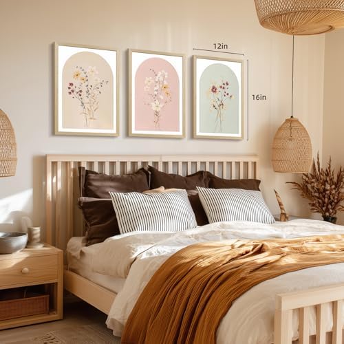 LERVR Wood Framed Botanical Wall Art Set of 3, Vintage Wildflower Canvas Print - Image 3