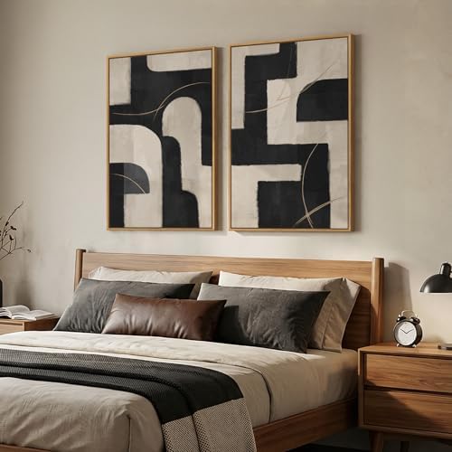 Large Framed Neutral Black and Beige Abstract Wall Art Set of 2, 24x36 In - Image 4