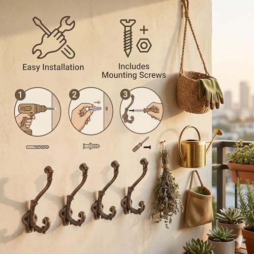 Chumia 6 Pack Rustic Wall Hooks Heavy Duty Cast Iron Brass Coat Hooks - Image 5