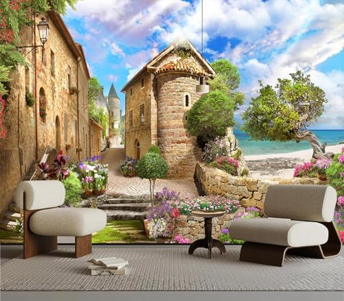 Vibrant Mediterranean Coastal Village Ocean Wallpaper by Unknown