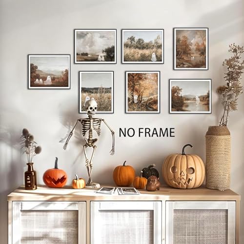 Mynotix Funny Halloween Poster Set of 7, Cute Ghost Country Landscape Wall Art - Image 2