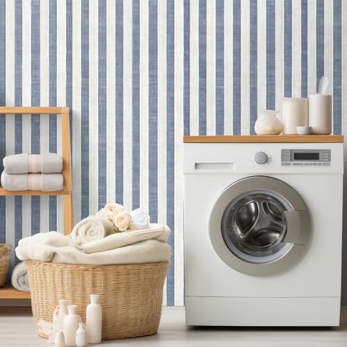 Navy Blue and Cream White Textured Striped Peel and Stick Wallpaper, Self - Image 7