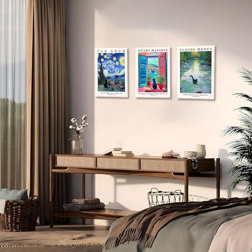 MUWAK Framed Black Cat Canvas Wall Art Set of 3 – Van Gogh Matisse Monet - Image 4