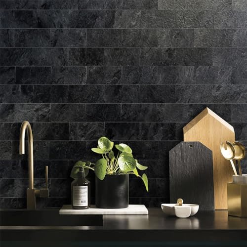 AULIGET 3" x 6" Black Peel and Stick Backsplash Wall Tiles, PVC Slate Stick on - Image 4