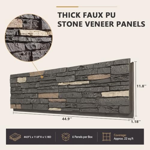Faux Stone Wall Panels, 6 Pack PU Stone Veneer Panels, 44.9" L x 11.9" H x 1.5" - Image 3