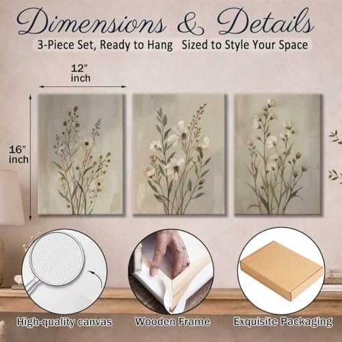 Neutral Wildflower Canvas Wall Art Set of 3, 12x16 Inch - Image 3