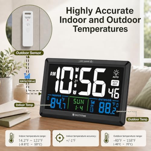 Digital Wall Alarm Clock with Large Display, Indoor/Outdoor Temp - Image 3