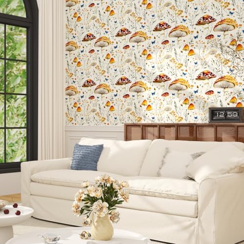BOKEBEVE Mushoroom Wallpaper Peel and Stick Boho Beige Yellow 17.5 x 118In - Image 3