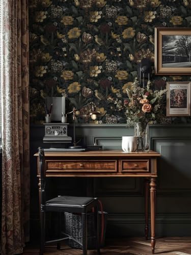 Ismoon Vintage Floral Peel and Stick Wallpaper Dark Black Contact Paper - Image 4