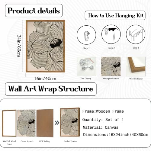 Framed Boho Floral Canvas Wall Art, Neutral Black Flower Pictures Wall Decor - Image 5