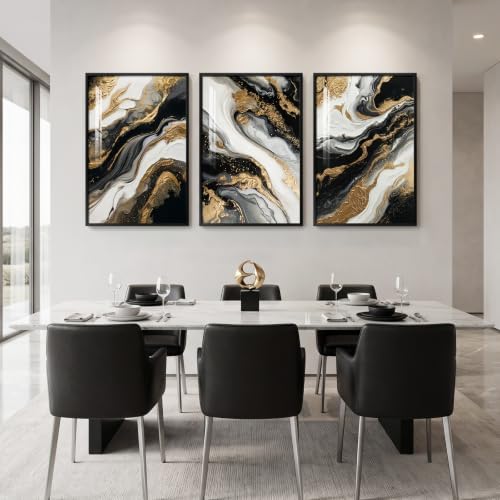 Large Framed Black Gold White Abstract Wall Art - Image 2