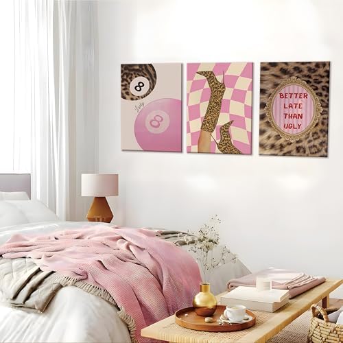 Framed Pink Leopard Print Wall Art Set of 3, Trendy Fashion Lucky 8 Ball Canvas - Image 5