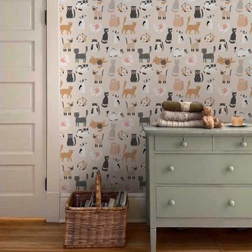 MuralPeel Modern Cute Beige Boho Cat Yarn Animal Pet Peel and Stick Wallpaper - Image 3