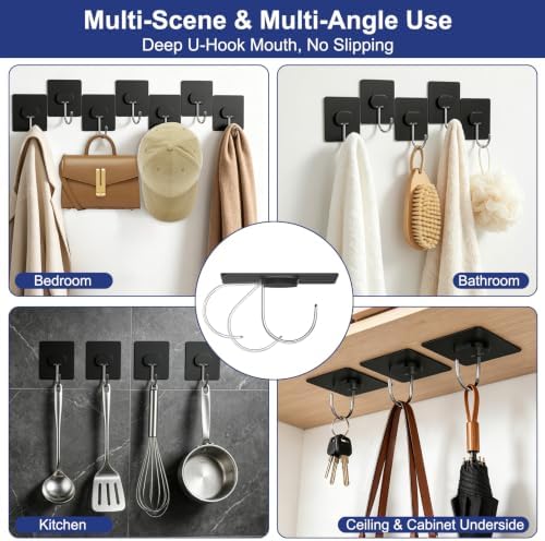 Adhesive Wall Hooks No Drill Large Black Heavy Duty, 13LB Sticky 12 Pack - Image 5