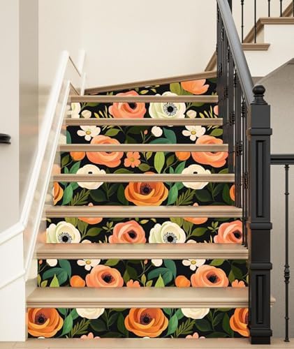 Danodoi Orange Green Vintage Floral Peel and Stick Wallpaper 17.5" x 393" - Image 3