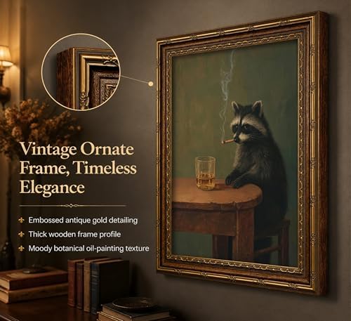 Vintage Gold Framed Smoking Raccoon Wall Art, Moody Dark Funny Animal Whiskey - Image 3