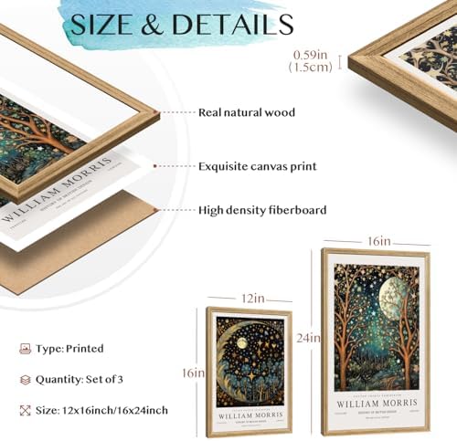 Hianan Wood Framed William Morris Moon Star Wall Art Set of 3, 12x16 in - Image 6